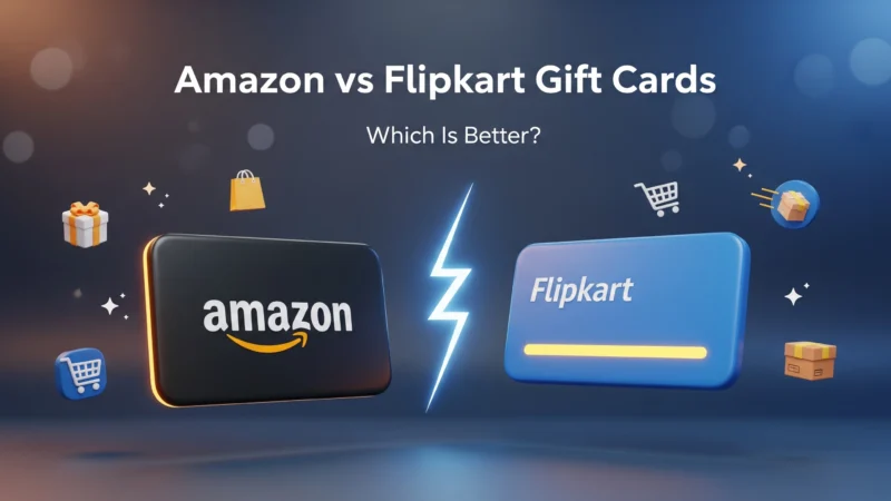 Illustration comparing Amazon and Flipkart gift cards, showing their logos, gift card designs, and price/value differences.