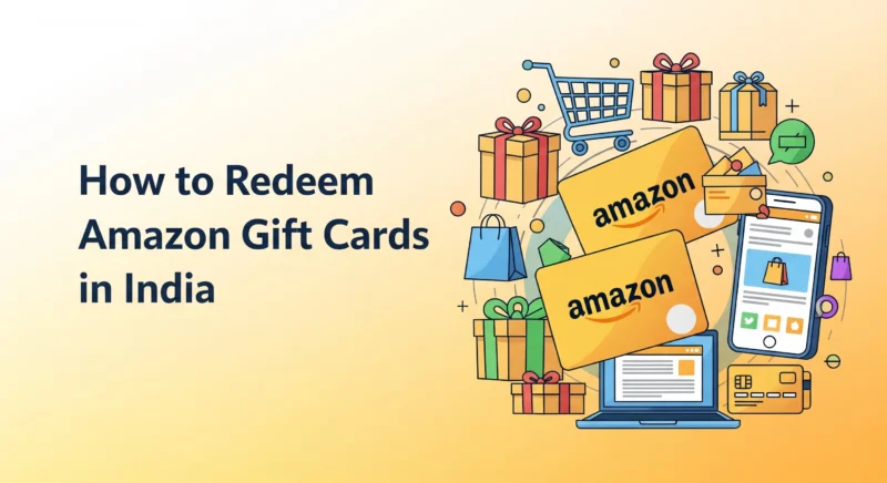 Illustration of Amazon gift cards with shopping icons and text ‘How to Redeem Amazon Gift Cards in India