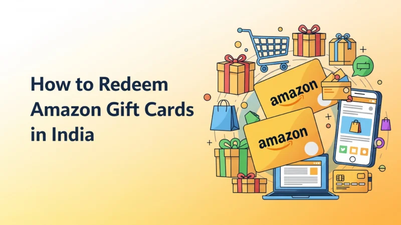 Illustration of Amazon gift cards with shopping icons and text ‘How to Redeem Amazon Gift Cards in India