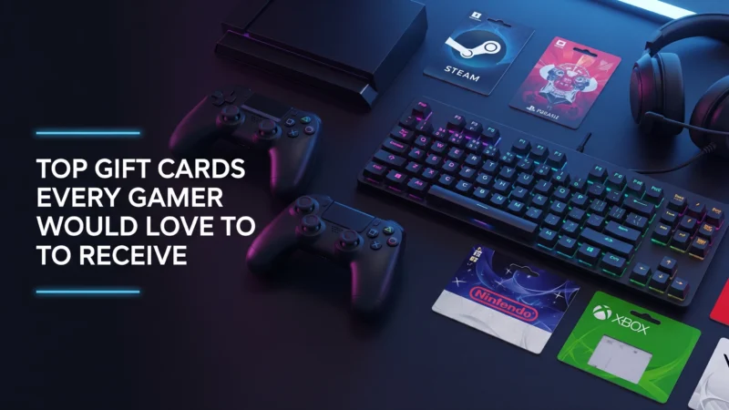 Featured image showing gaming gift cards like Steam, PlayStation, Xbox, and Nintendo with gaming accessories