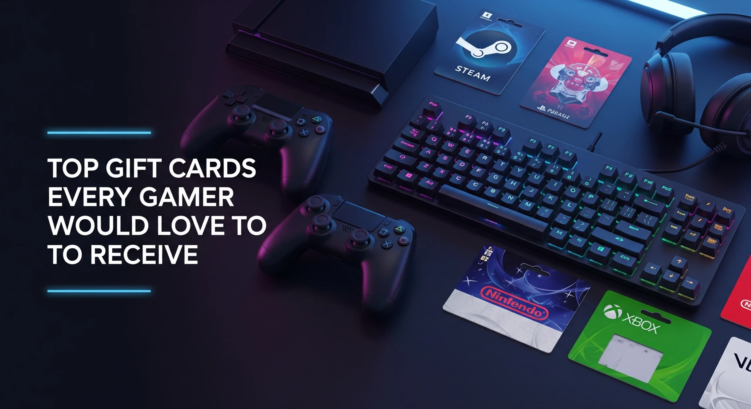Featured image showing gaming gift cards like Steam, PlayStation, Xbox, and Nintendo with gaming accessories