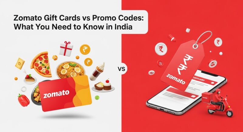 Zomato gift cards and promo codes in India showing discounts and savings on food orders