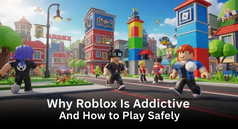 Colorful Roblox game scene showing avatars building, exploring, and racing in a virtual world, bright and cheerful environment”